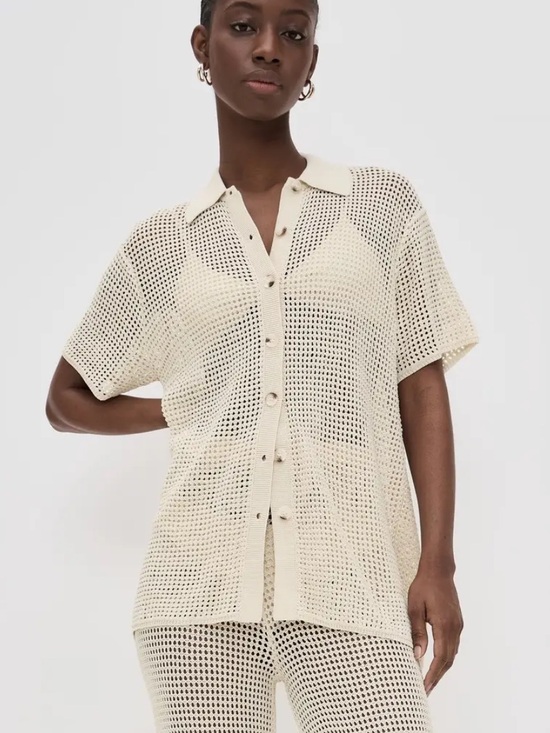 Good American Sweaters - Good American Crochet Cream Open-Knit Button Short Sleeve Shirt NWT